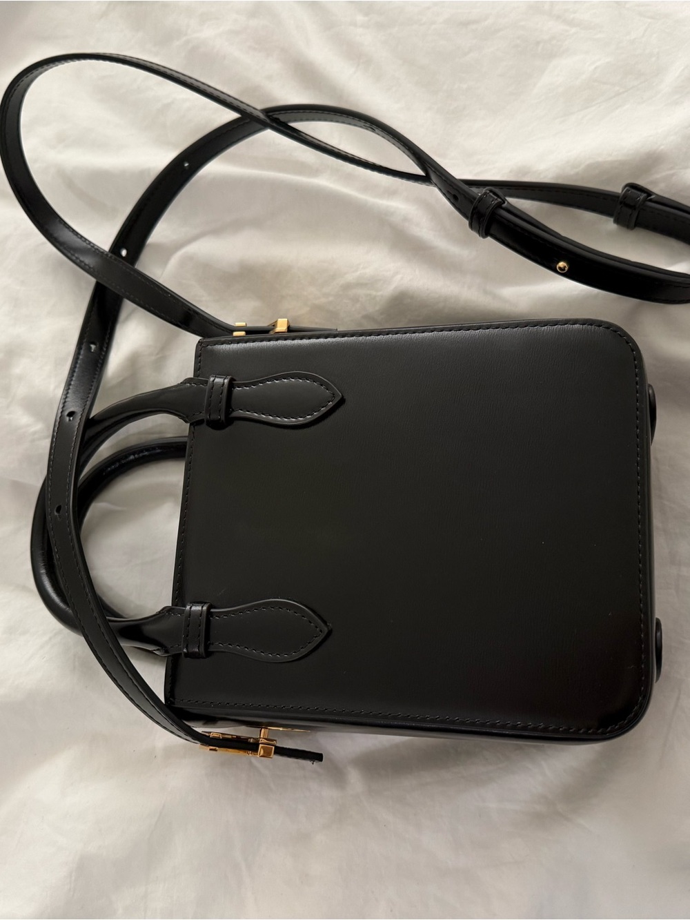 Zorrna Aieda Black saffiano Leather Top Handle Crossbody w/ Gold Hand Accents - Picture 3 of 10